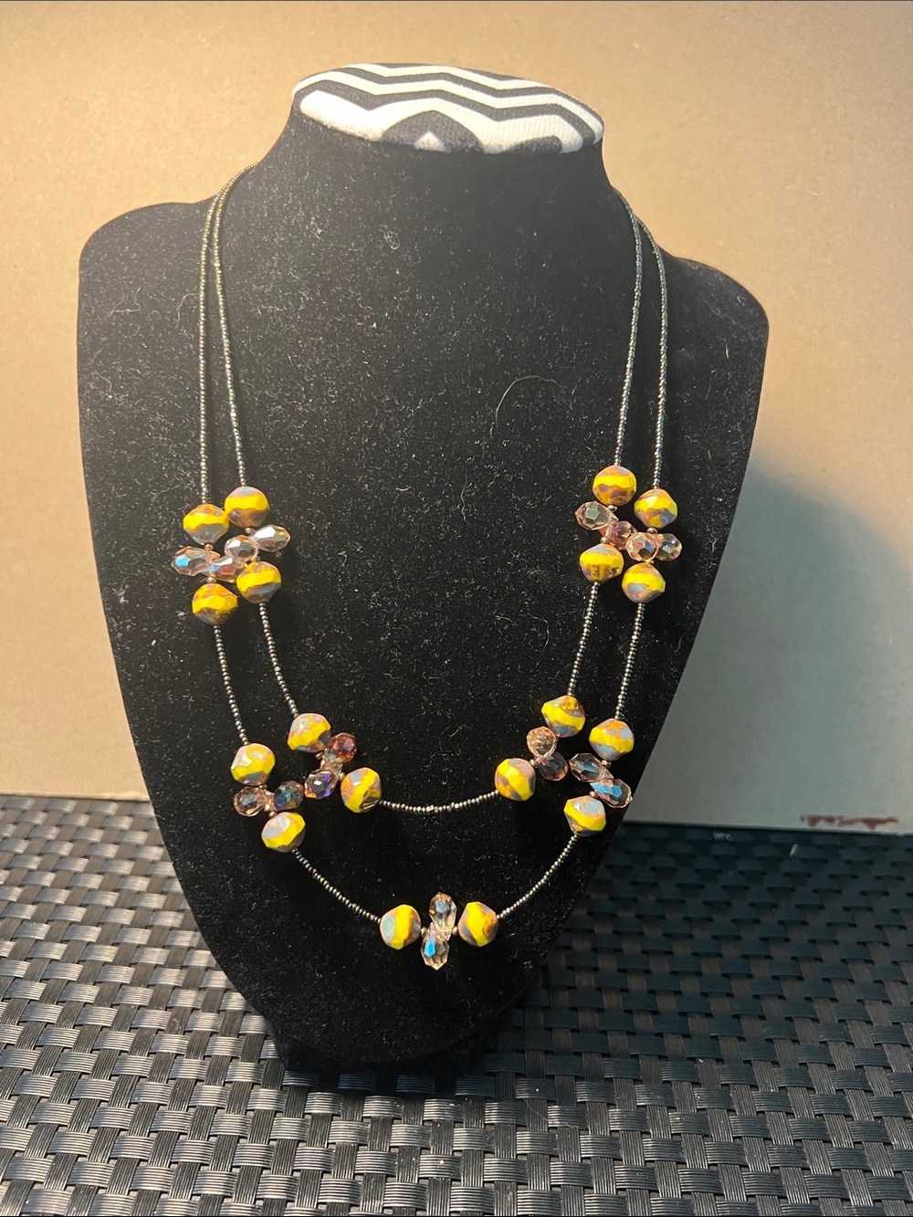 Yellow & brown Bead Multi-Strand Necklace with Crystal Accents lobster clasp